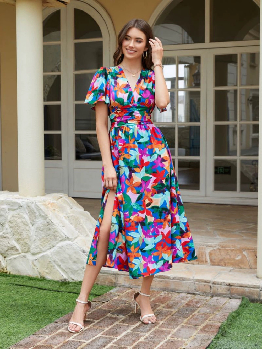 ZARA French Floral Casual Midi Dress Collar Flounce Sleeves Waist Cinch Vacation